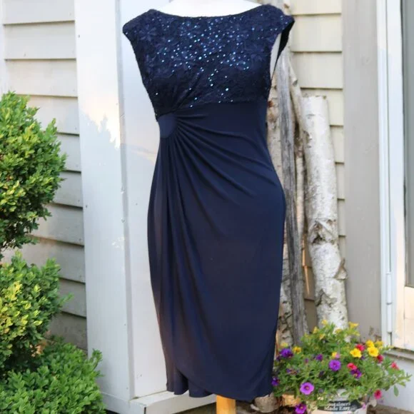 connected apparel | Dresses | Connected Apparel Blue Side Gathered Sequib  Bodice Cap Sleeve Knit Dress Sz 8 | Poshmark